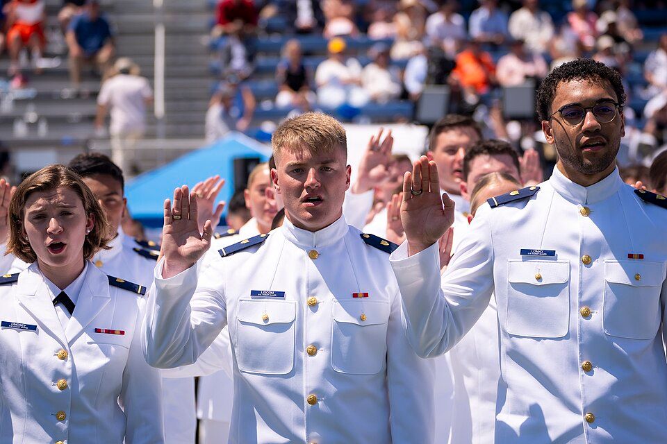 USCG commencement ceremony on Cadet Memorial Field at the United States Coast Guard Academy in New London, Connecticut, May 20, 2026.