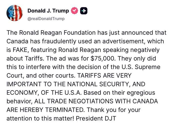 President Trump's late night Truth Social post declaring trade negotiations with Canada are terminated.