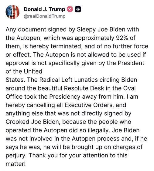 President Trump's Truth Social post about Biden's autopen use.