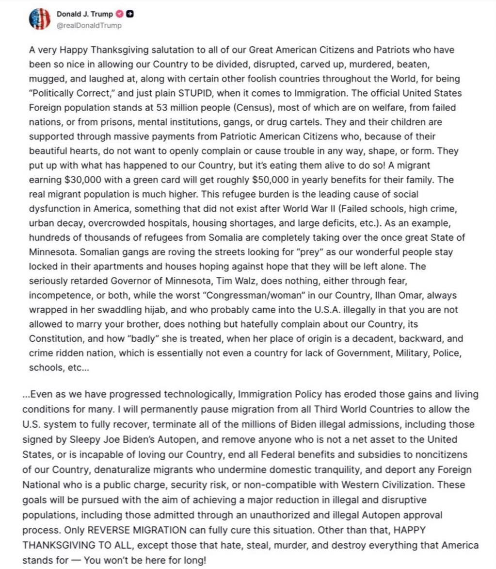 President Trump's Truth Social post about pausing immigration from Third World countries.