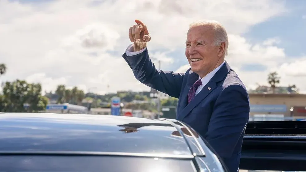 President Joe Biden departs CJ’s Cafe en route to the Culver City Julian Dixon Library in Culver City, California, on February 21, 2024.