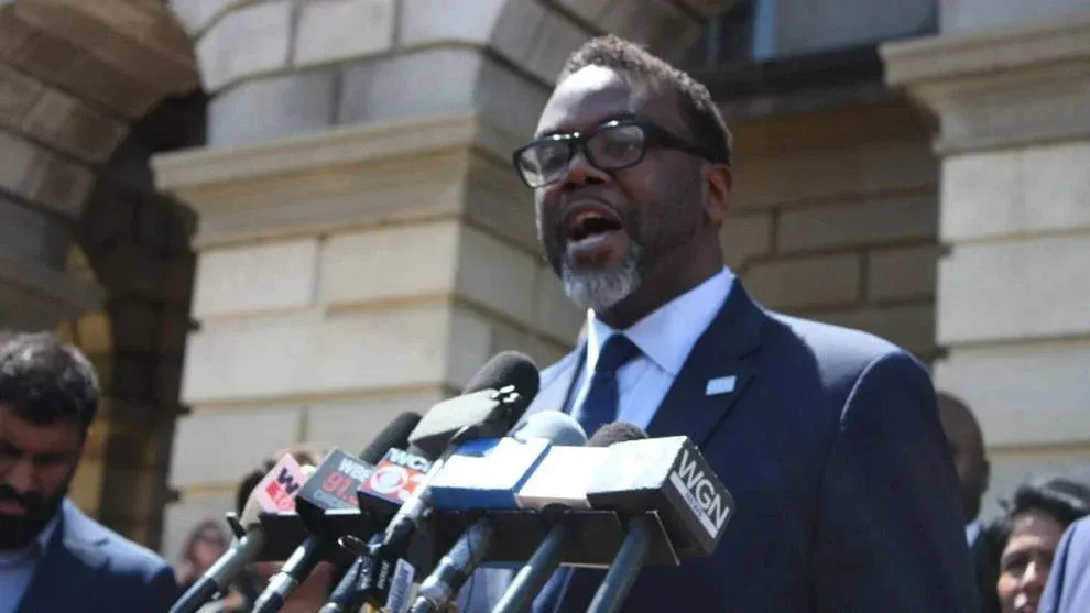 Chicago Mayor-elect Brandon Johnson speaks during a news conference in Springfield.