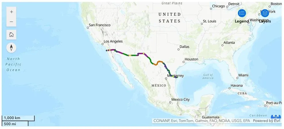 Map of US and Mexico highlighting border wall.