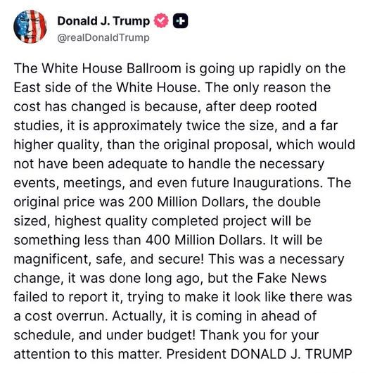 President Trump's May 6, 2026 post about the White House Ballroom construction.