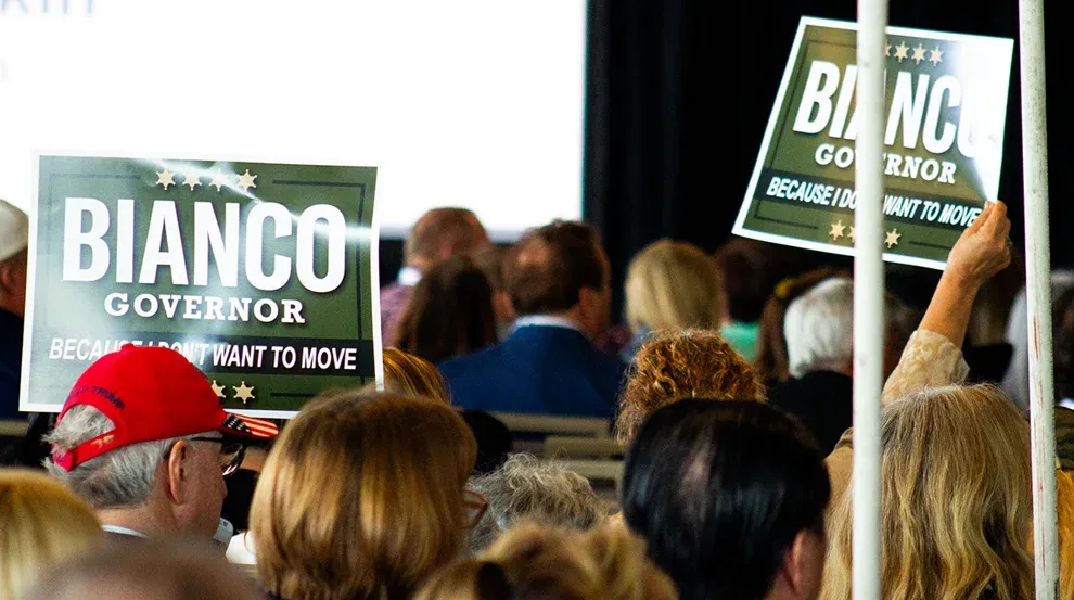 Delegates show their support for gubernatorial candidate Chad Bianco at the California Republican Convention in San Diego, April 12, 2026. Photo: Madeline Shannon / The Center Square