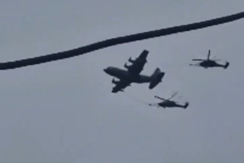 An HC-130J Combat King II refueling two HH-60G Pave Hawks over Iran during the rescue mission. Screenshot from video circulating on social media.