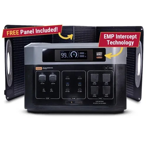 3300 Solar Generator System w/ EMP Intercept Technology + Waterproof 200W Solar Panel by Grid Doctor  