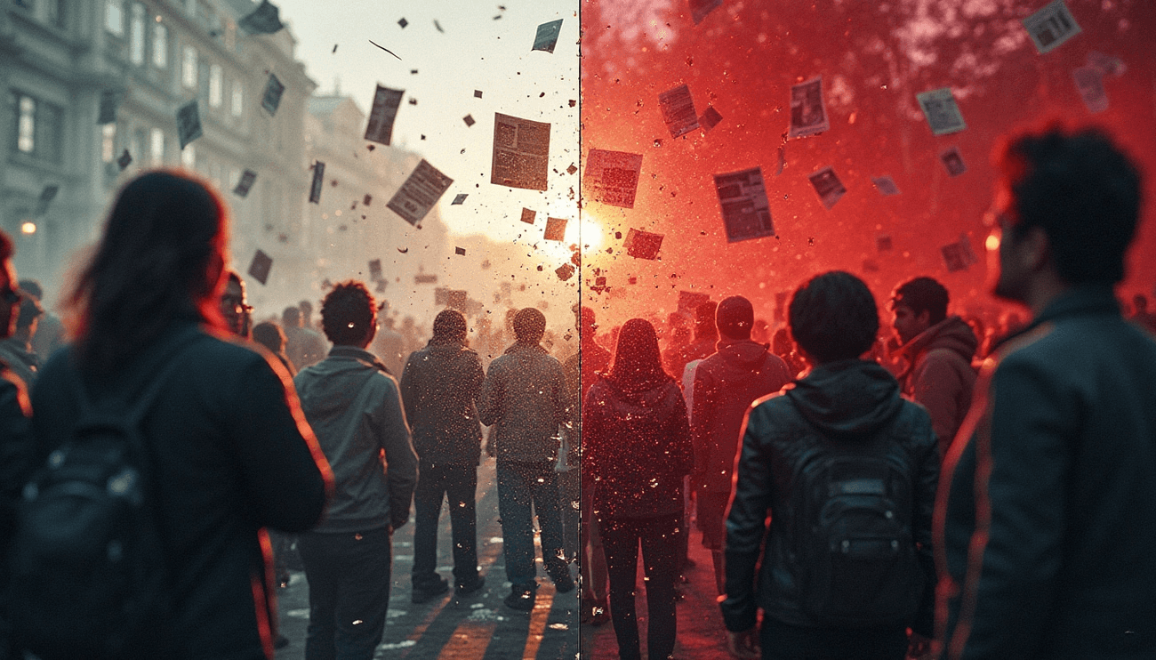 A crowd walks down a city street into the sunset with documents and flyers raining down