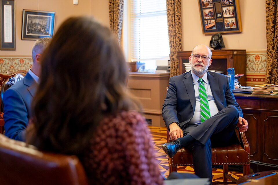 Secretary of Homeland Security Kristi Noem meets with Director of the Office of Management and Budget Russell Vought at the Eisenhower Executive Office Building in Washington, D.C., Sept. 18, 2025.