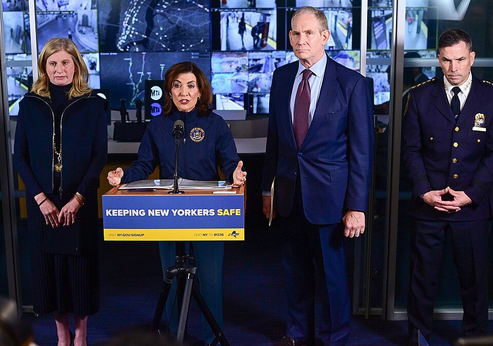 Governor Kathy Hochul, MTA Chair & CEO Janno Lieber, and NYPD Commissioner Jessica Tisch at the MTA Headquarters on Oct 9, 2025 -- Image: Marc A. Hermann / Metropolitan Transportation Authority