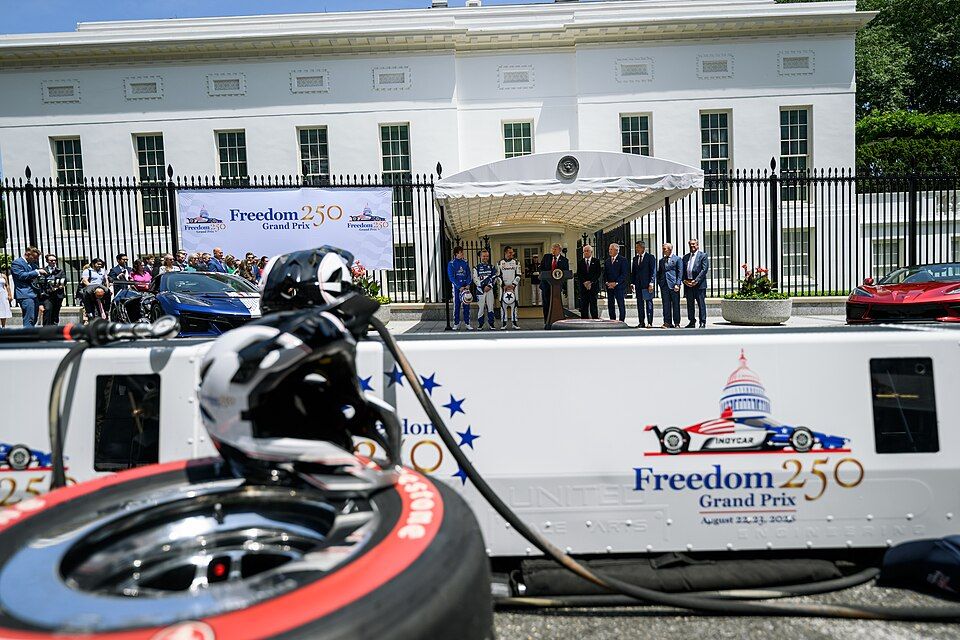 President Trump meets with guests, including Penske Corporation Chairman Roger Penske, before participating in a Freedom 250 Grand Prix Showcase at the White House, Monday, July 13, 2026. (Official White House Photo by Daniel Torok)