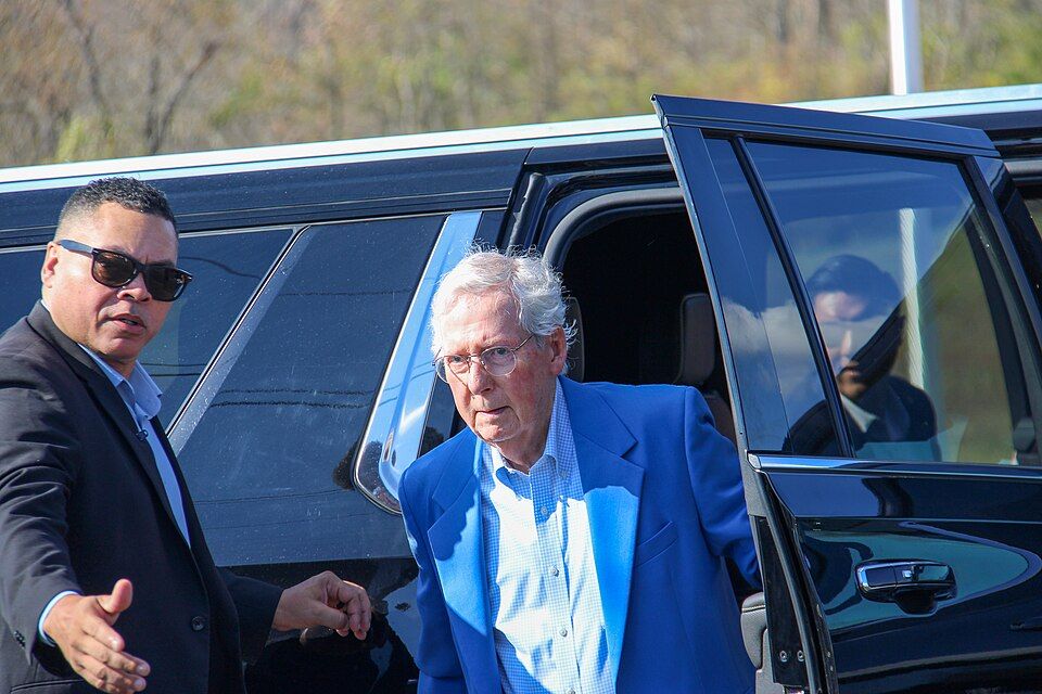 Senator Mitch McConnell exits a vehicle on October 30, 2024, in Bourbon County, Kentucky.