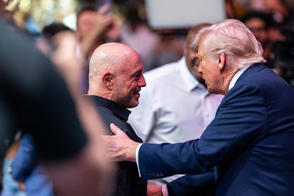 President Donald greets Dana White before UFC 314 at the Kaseya Center in Miami, Florida, Saturday, April 12, 2025.