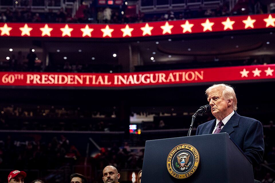 President Donald Trump addresses the audience after the inaugural parade during the 60th Presidential Inauguration at Capital One Arena in Washington, D.C., Jan. 20, 2025.