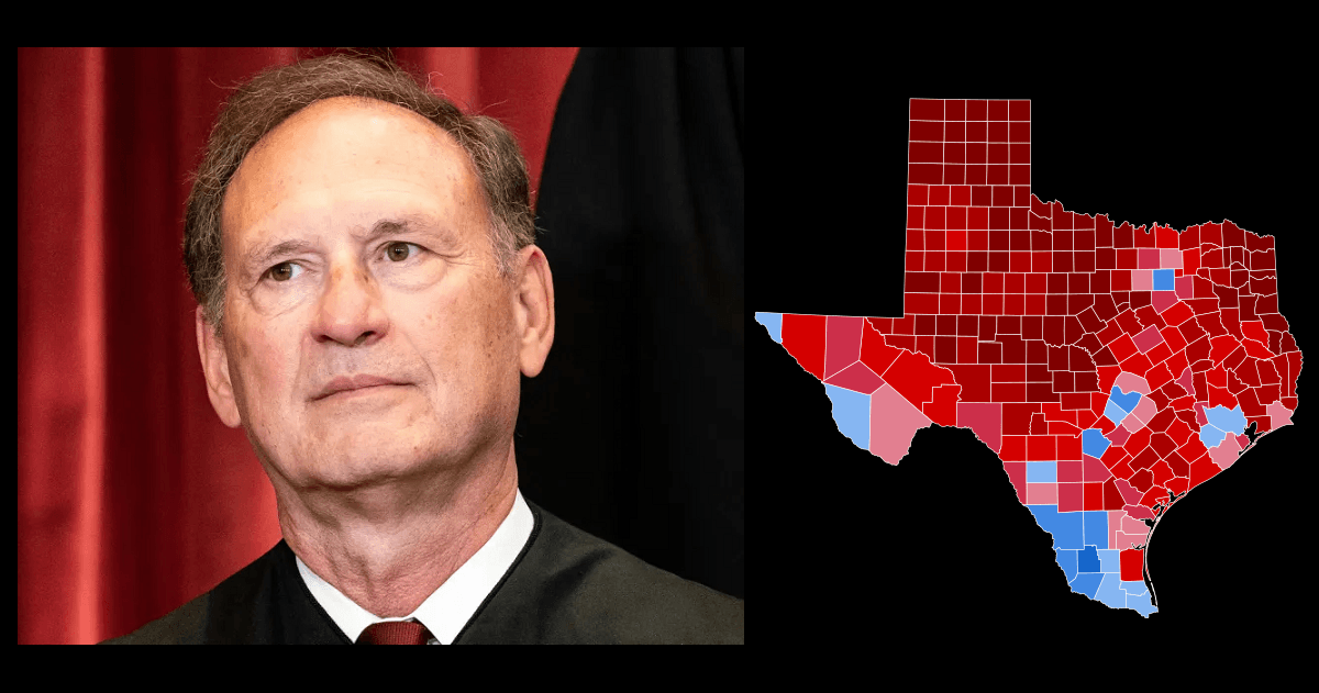 Compilation image. Justice Alito on left, Texas House race 2024 results map on right.