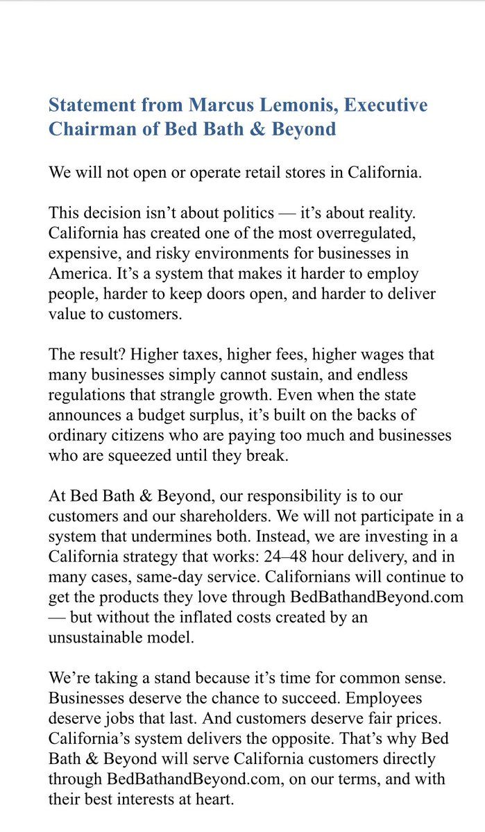 Bed, Bath and Beyond statement on leaving California.