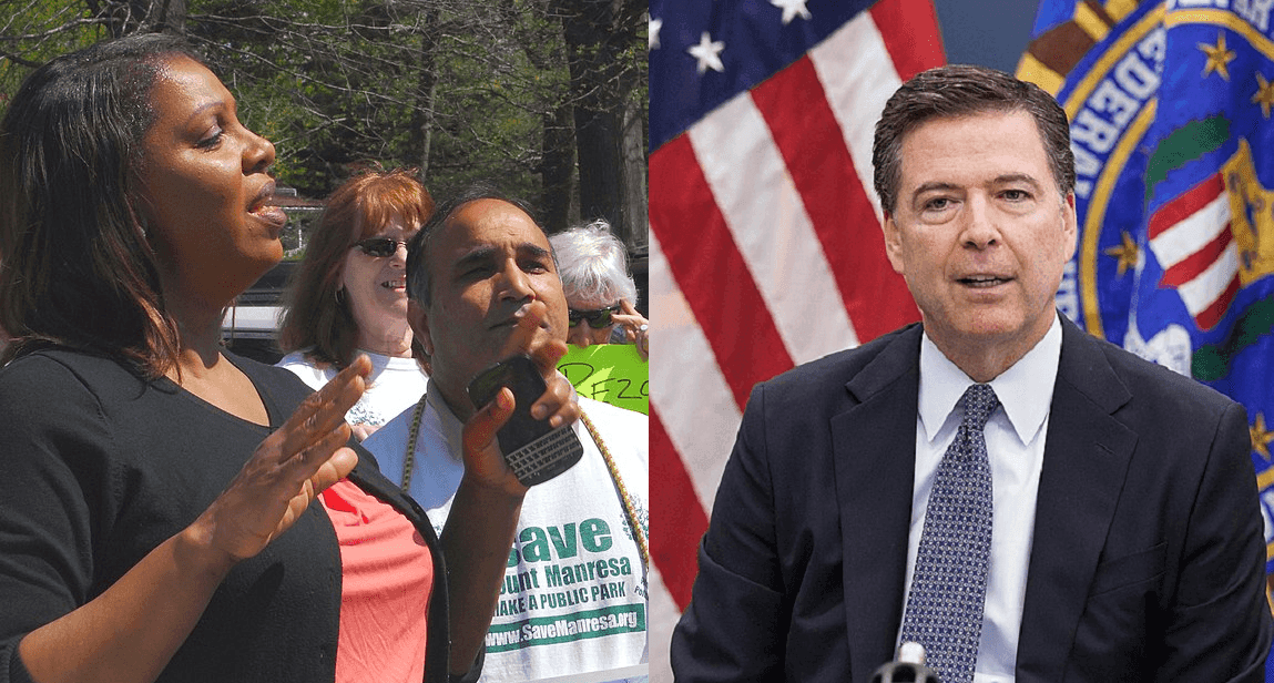 Split image: Letitia James and James Comey.