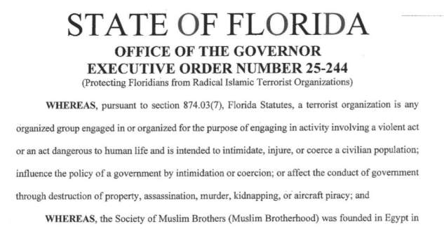 Screenshot of DeSantis' executive order designating CAIR and the Muslim Brotherhood as terrorist organizations.