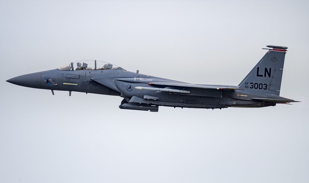 An F-15E Strike Eagle assigned to the 494th Fighter Squadron launches for a training sortie from RAF Lakenheath, United Kingdom, April 6, 2020.