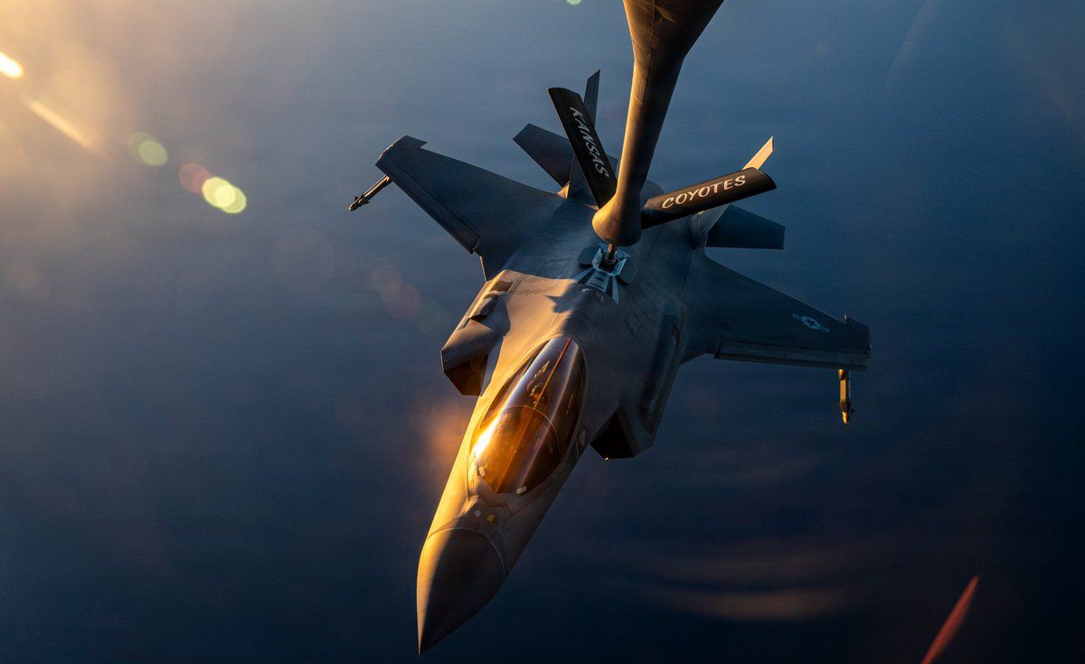 An F-35 stealth fighter is refueled during a routine patrol over regional waters in the Middle East.
