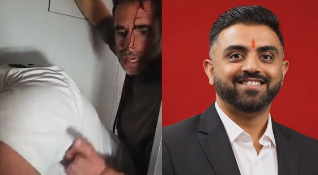 FlyDubai Captain Smit Machchhar, who was injured in the attack, on right, an injured passenger and what appears to be a crew member on left. -- Image: Screenshot from the @RealBababanaras X page.