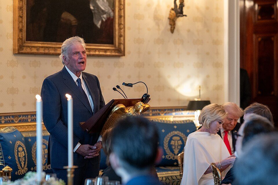 Reverend Franklin Graham offers a prayer during an Easter prayer service and dinner, Wednesday, April 16, 2025, in the Blue Room of the White House.