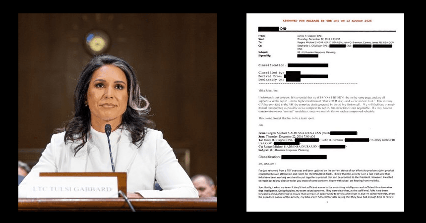 Tulsi Gabbard on left, redacted email on right