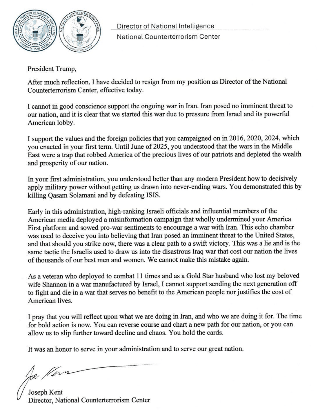 Joe Kent's resignation letter.