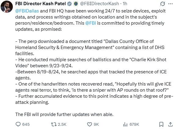 Screenshot of FBI Director Kash Patel's X post detailing evidence gathered about the Dallas Shooter's motive.
