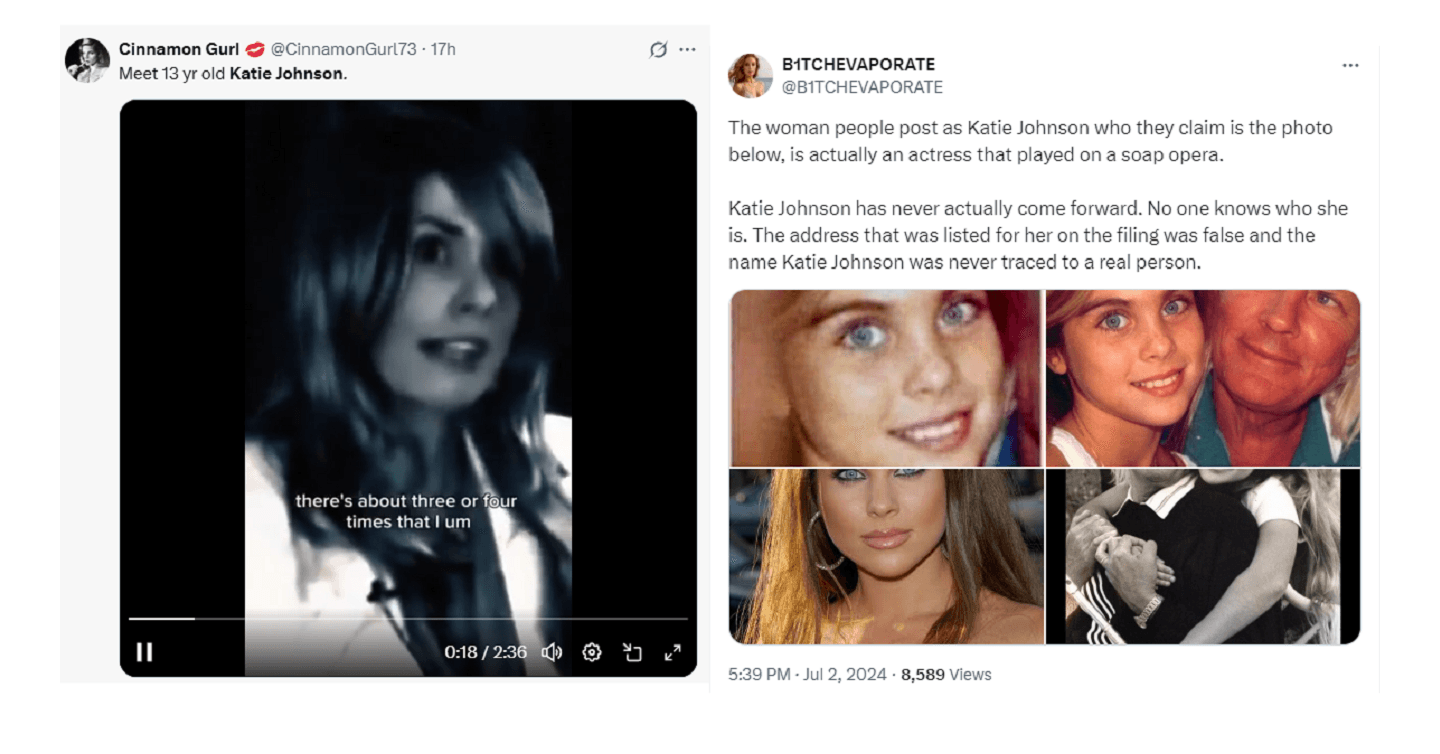 X screenshots showing an AI generated video promoting the hoax and a post debunking it.