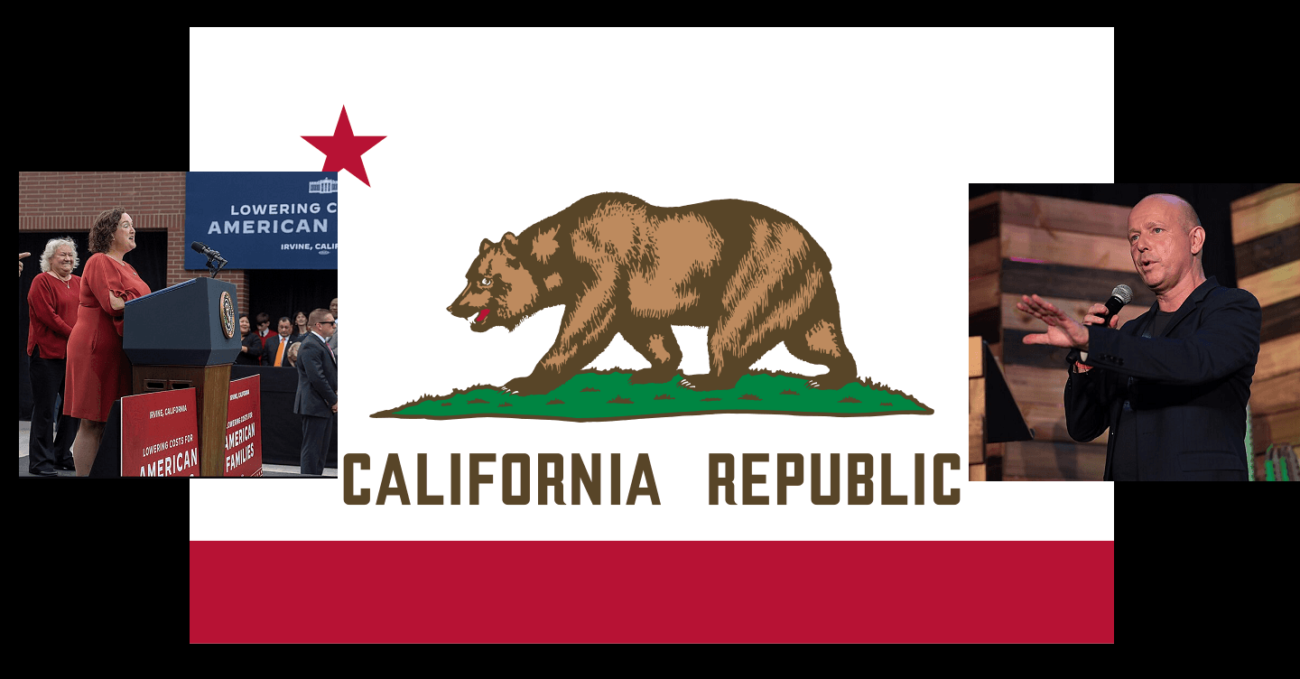 Compilation image, Katie Porter and Steve Hilton face off with a California flag background.