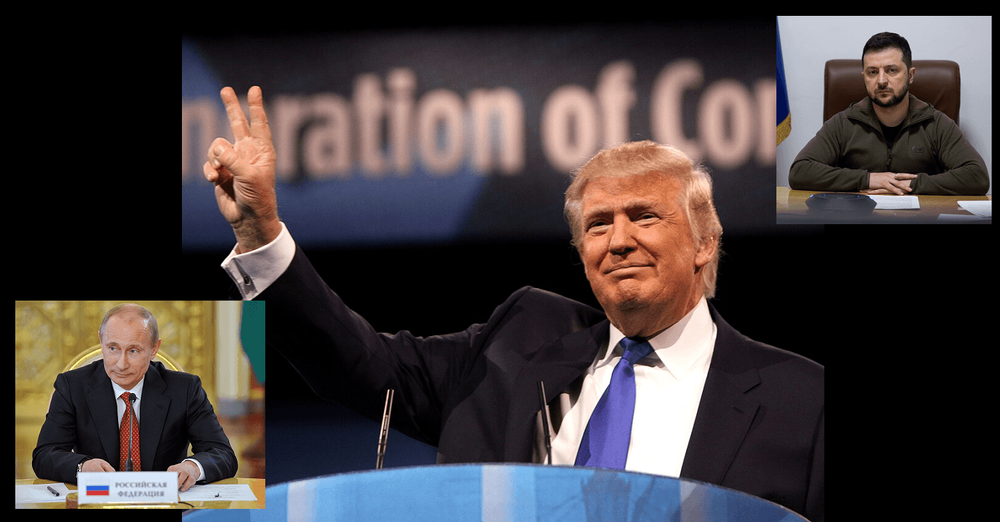 Compilation of images. President's Trump, Putin and Zelenskyy