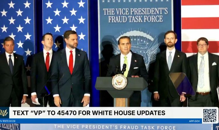 Todd Blanche, JD Vance and members of the Vice President's Fraud Task Force hold a press conference announcing over $42 million in SNAP fraud uncovered. -- Screenshot from @TheJusticeDept on X