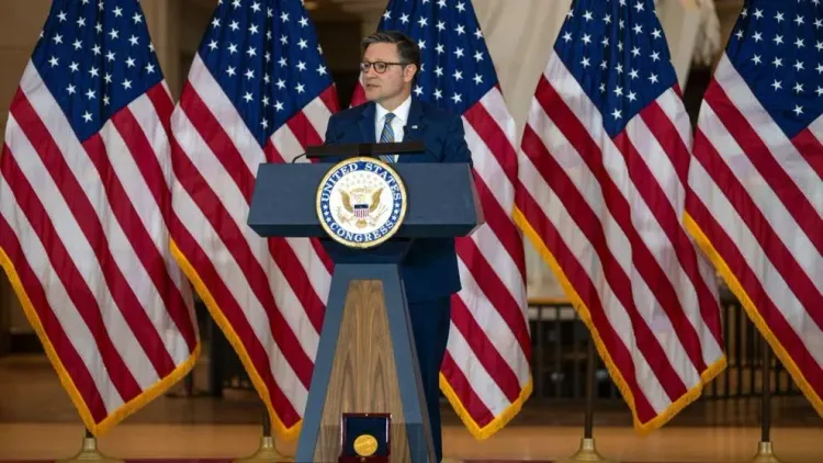 House Speaker Mike Johnson, R-La., addresses the audience during a Congressional Gold Medal award ceremony
