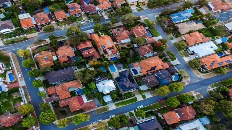 Overhead view of a residential neighborhood