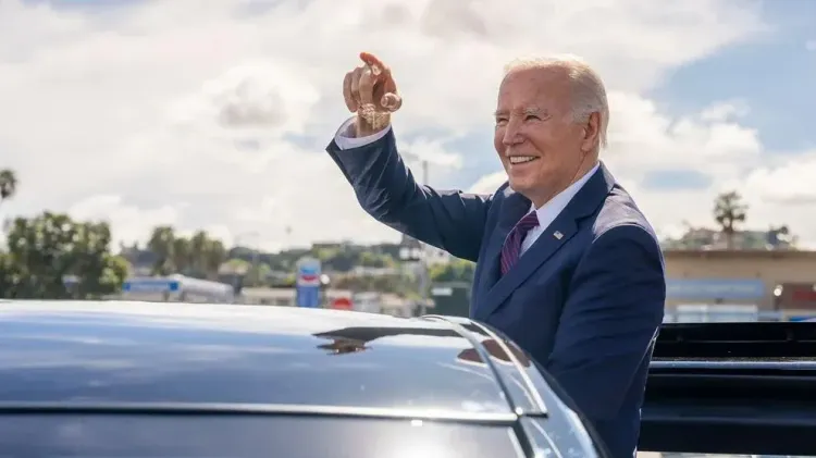 President Joe Biden departs CJ’s Cafe en route to the Culver City Julian Dixon Library in Culver City, California, on February 21, 2024.