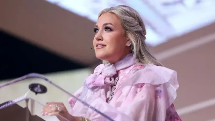 Erika Kirk speaks at the 2025 Young Women’s Leadership Summit in Grapevine, Texas, on June 13, 2025.