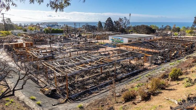 Fire-damaged structures at Marquez Elementary in Pacific Palisades, California, on March 2, 2025.