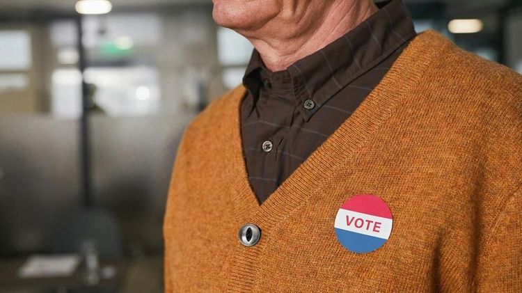 A man wearing a brown sweater and plaid shirt has a round red, white, and blue “VOTE” button pinned to his chest. Photo: Edmond Dantès / Pexels