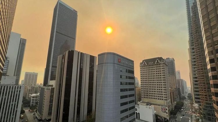 Smoke covers downtown Los Angeles after two days of major fires across the region, Jan. 9, 2025. Photo: Kenneth Schrupp / The Center Square