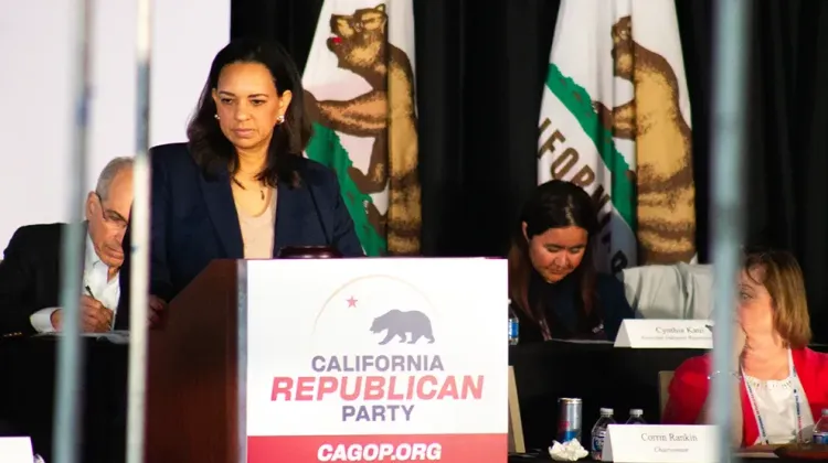 Corrin Rankin, chair of the California Republican Party, leads the party's state convention in San Diego, April 12, 2026. Photo: Madeline Shannon / The Center Square