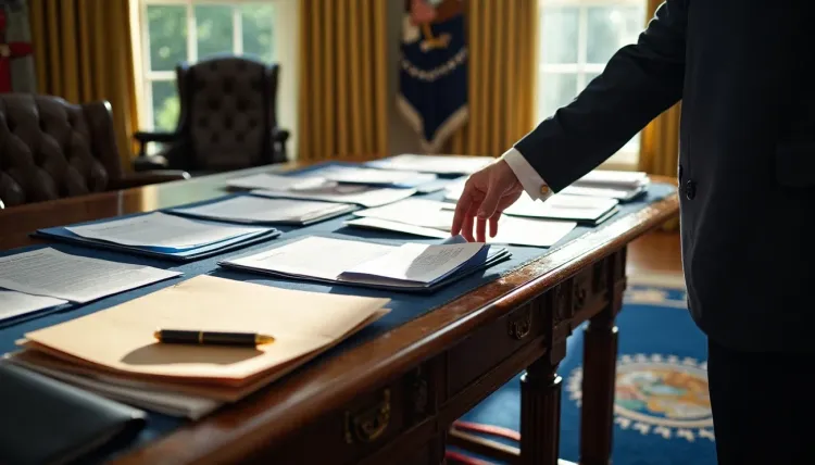 Person in suit reaching for documents on a desk in an official office with presidential seal carpet