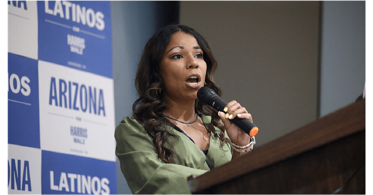 Analise Ortiz at a press conference for the Latinos for Harris-Walz