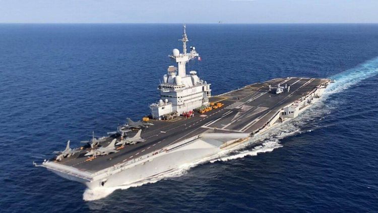 French Navy Aircraft Carrier Charles de Gaulle (R91) at sea in 2019.