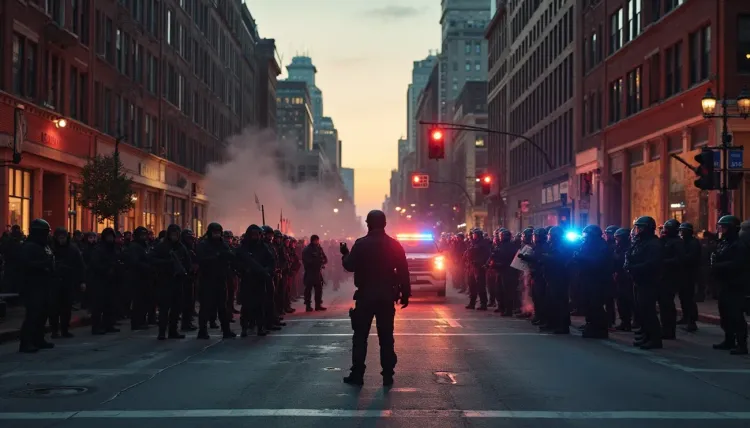 Police in riot gear line a street. AI generated image