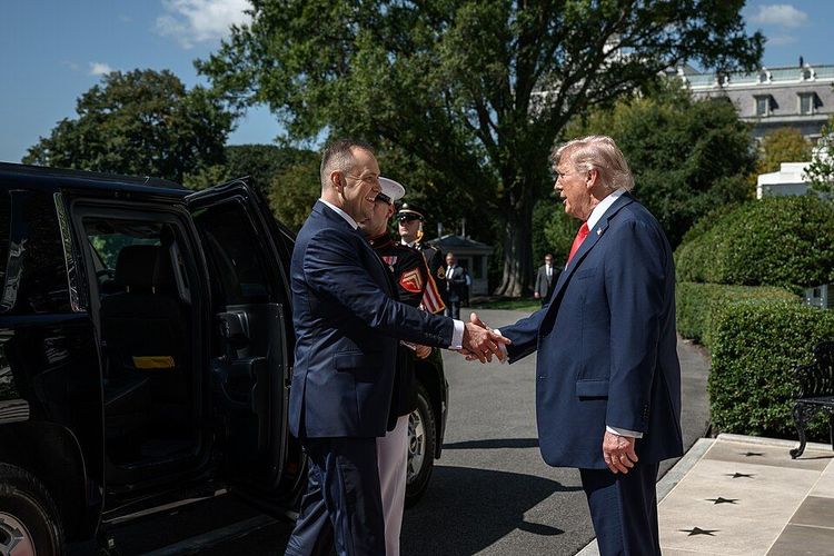 President Donald Trump greets Polish President Karol Nawrocki, Wednesday, September 3, 2025, on the South Portico of the White House. -- Image: Official White House Photo by Molly Riley