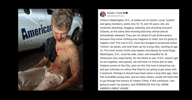 "Big Balls" Edward Coristine shown bloodied after being assaulted in DC and a Trump "Truth" about crime in DC,