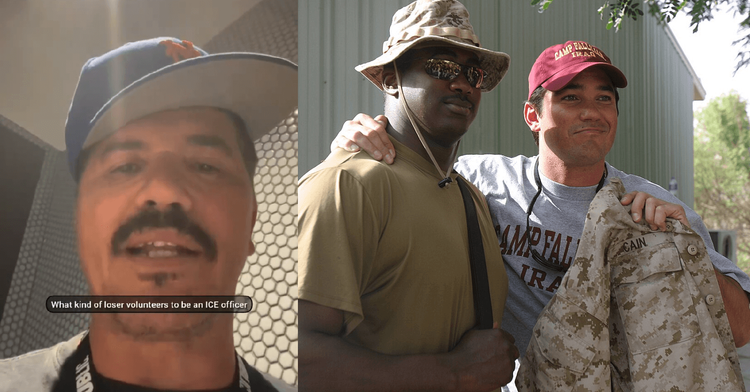 Split image: John Leguizamo on left, Dean Cain with US soldier on right