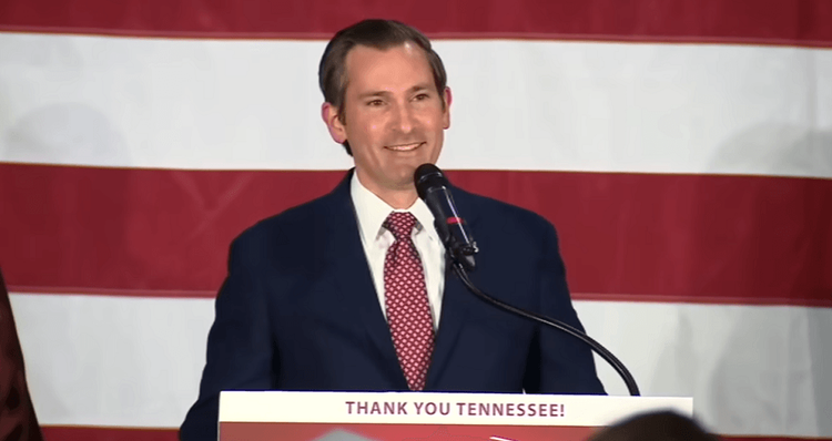 Matt Van Epps at the podium during his victory speech.