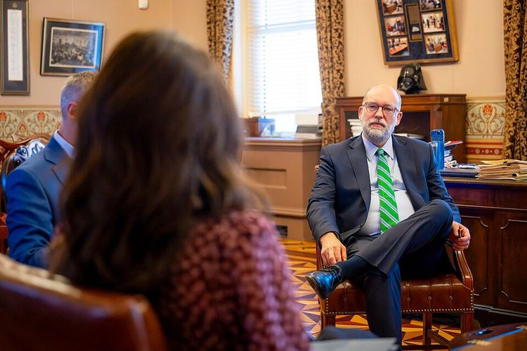 Secretary of Homeland Security Kristi Noem meets with Director of the Office of Management and Budget Russell Vought at the Eisenhower Executive Office Building in Washington, D.C., Sept. 18, 2025.